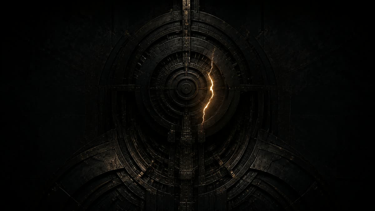 The Last Imperfection artwork: a single gold crack running through a black machine structure