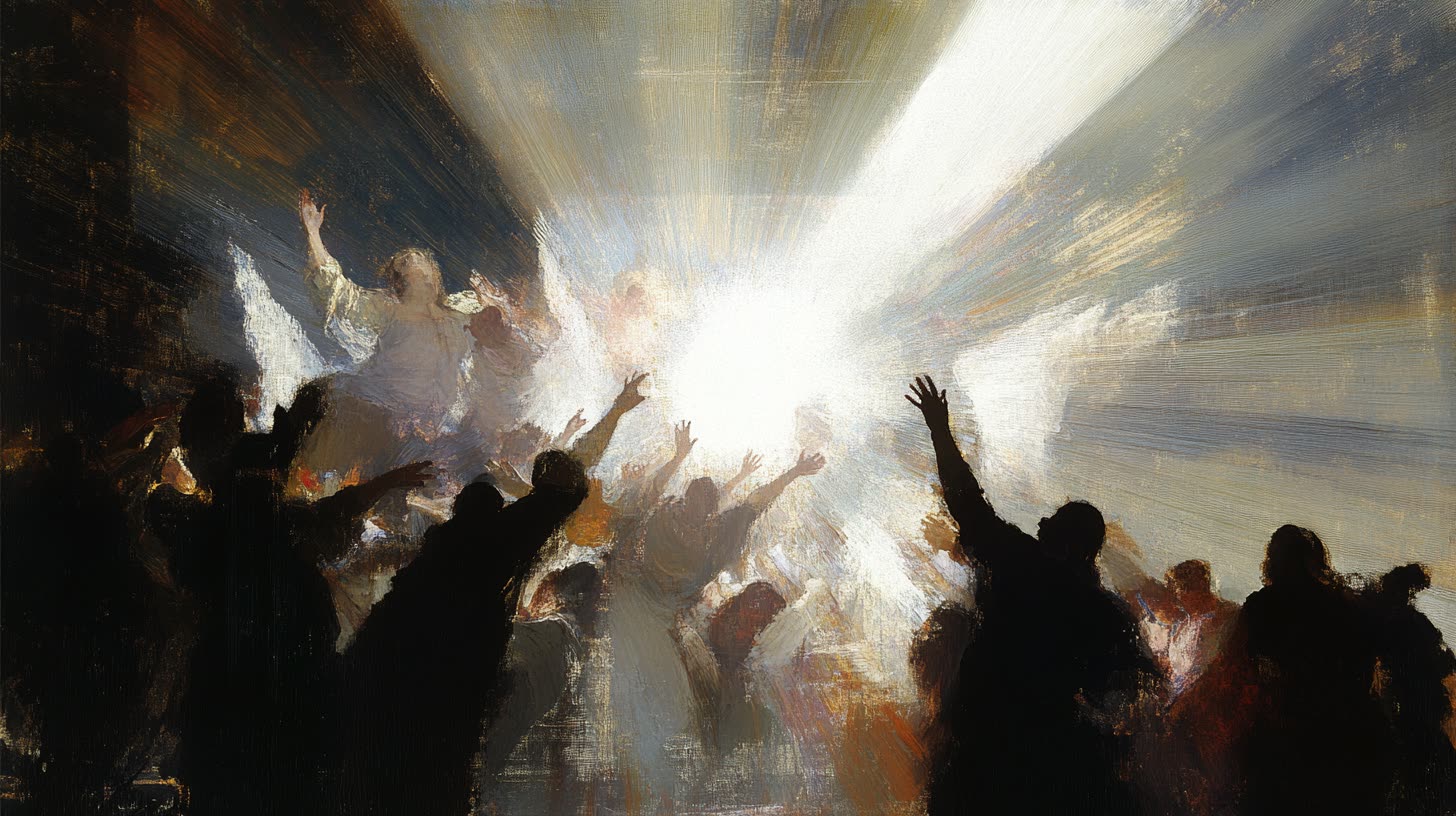Kyus Soulwave visual artwork: silhouetted figures raising their hands toward a burst of white light