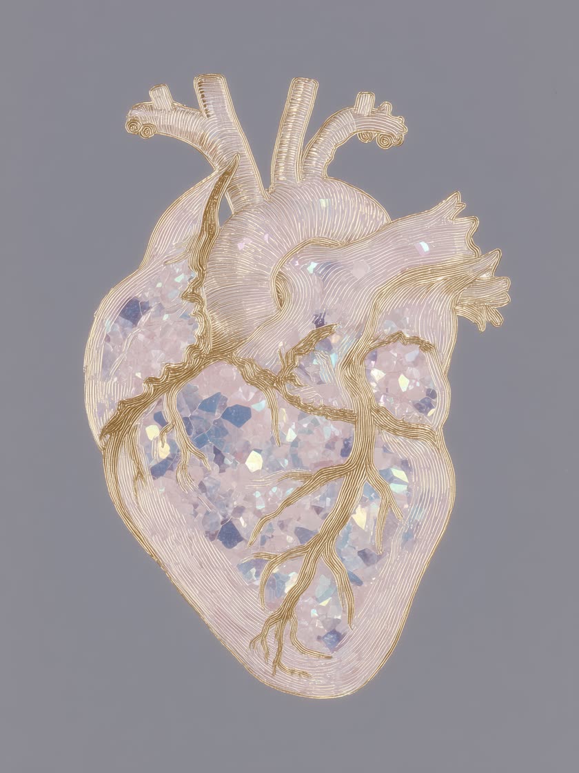 Crystalline Pulse: a human heart made of pale crystal, traced with gold veins