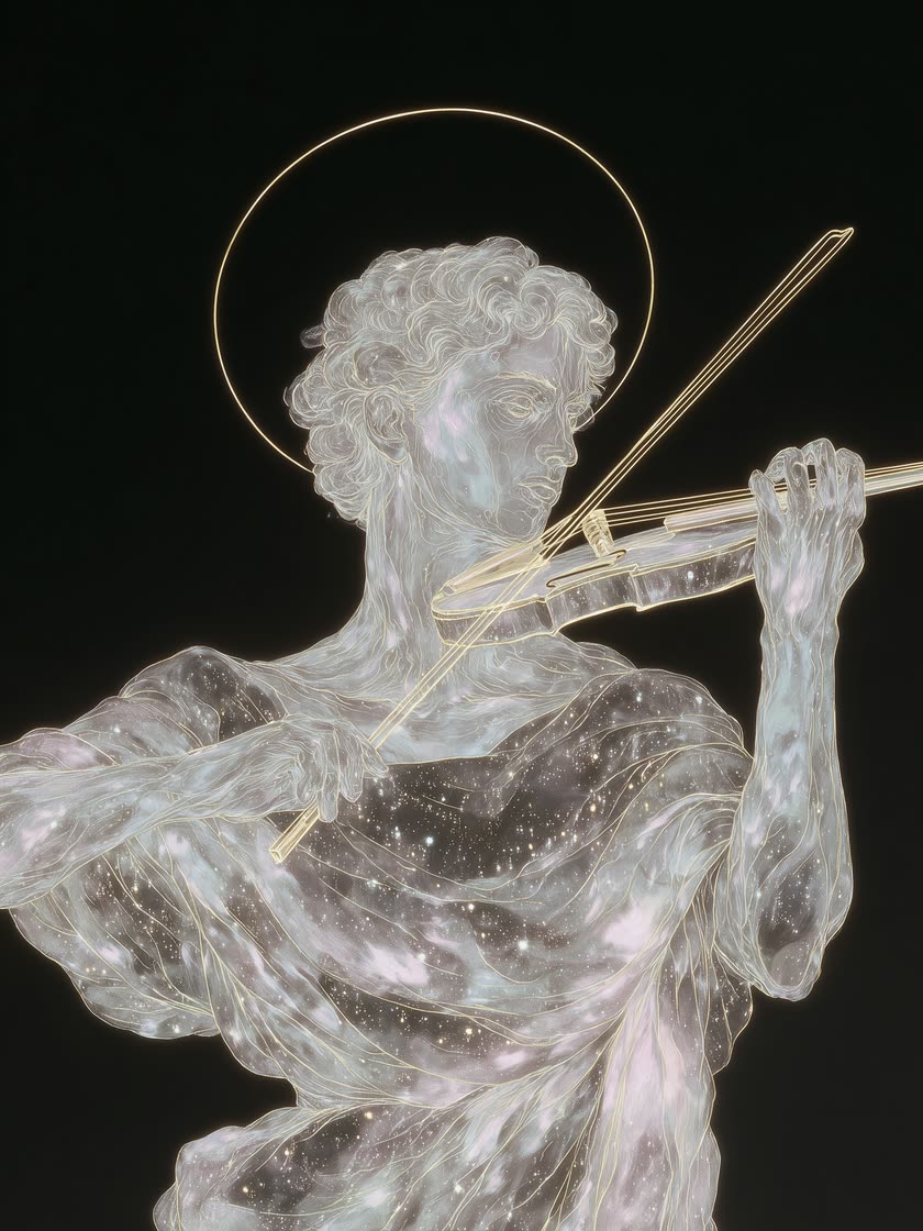 Nebular Echo: a translucent, star-flecked figure with a thin gold halo, playing a violin