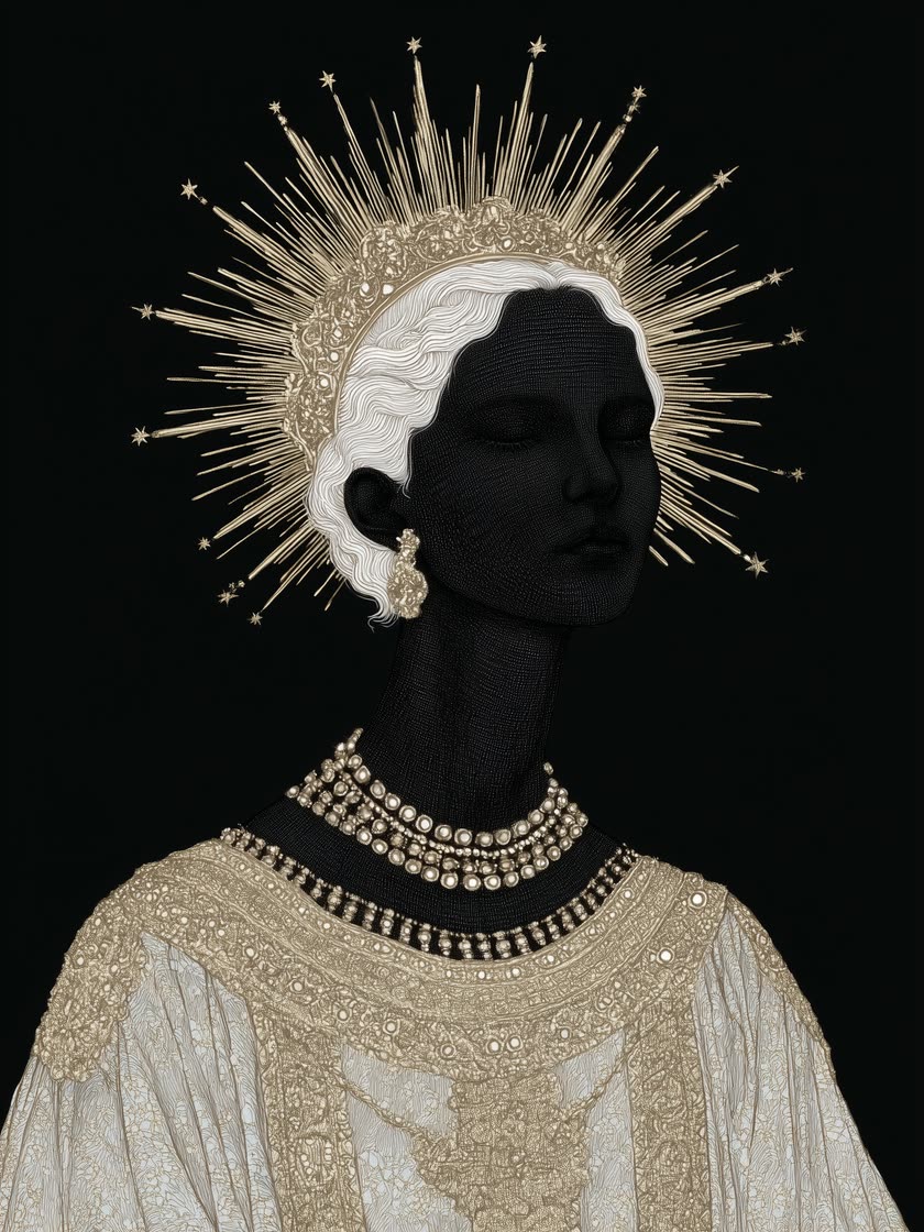 Silent Grace: a dark-skinned icon portrait with a radiant gold halo and pearl collar