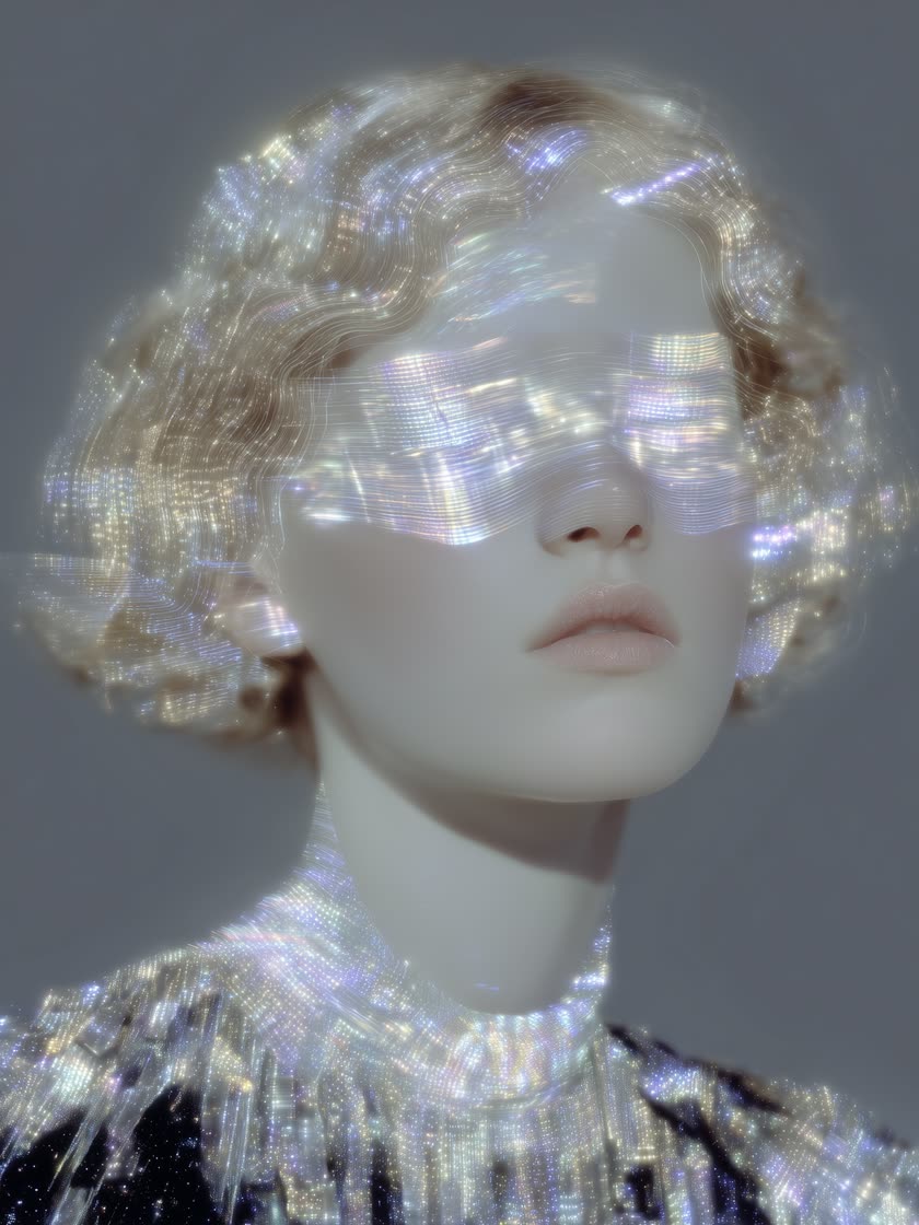 Veiled Lumen: a portrait whose eyes are covered by a band of shimmering light